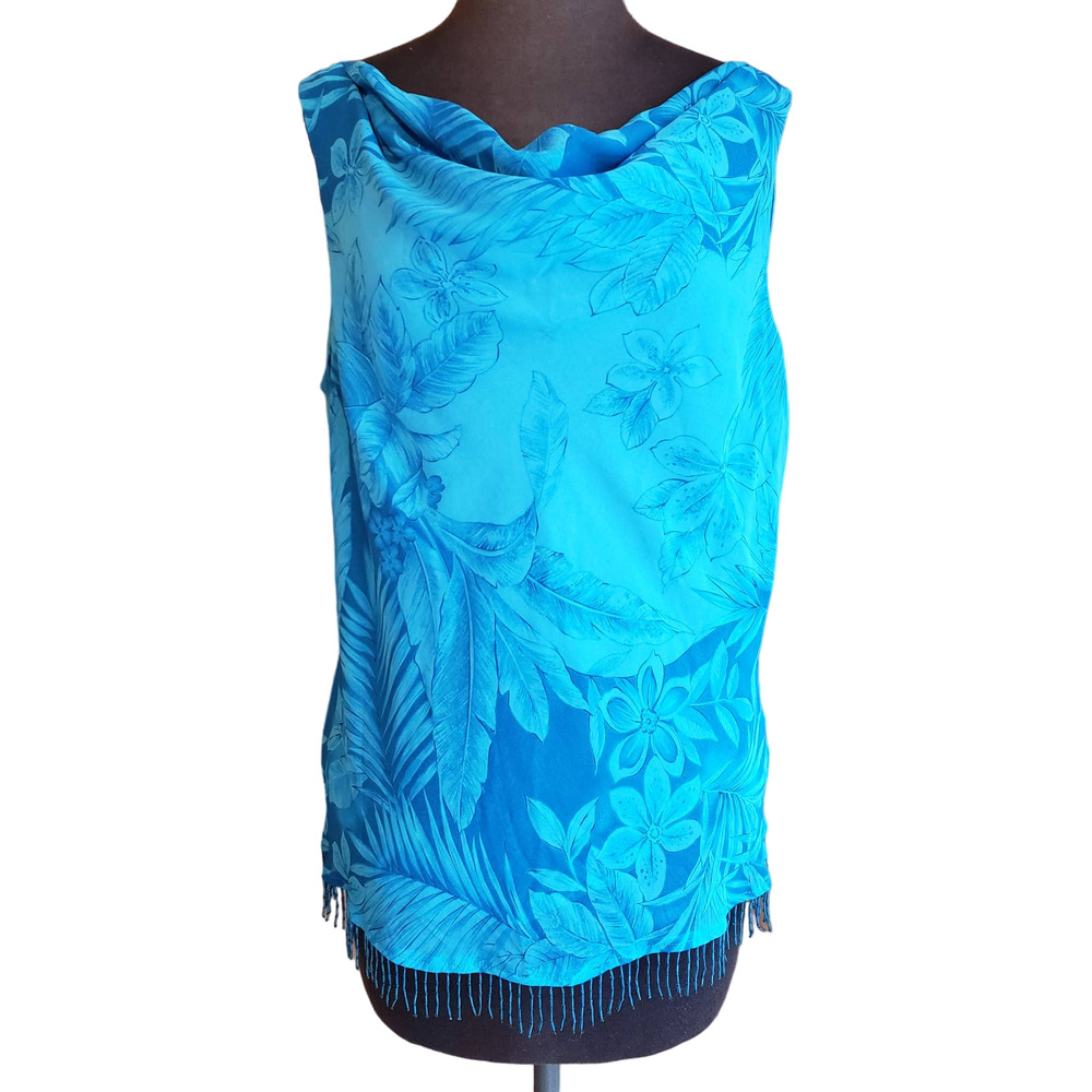 Studio I sz 16 blue floral print sleeveless beaded fringe blouse